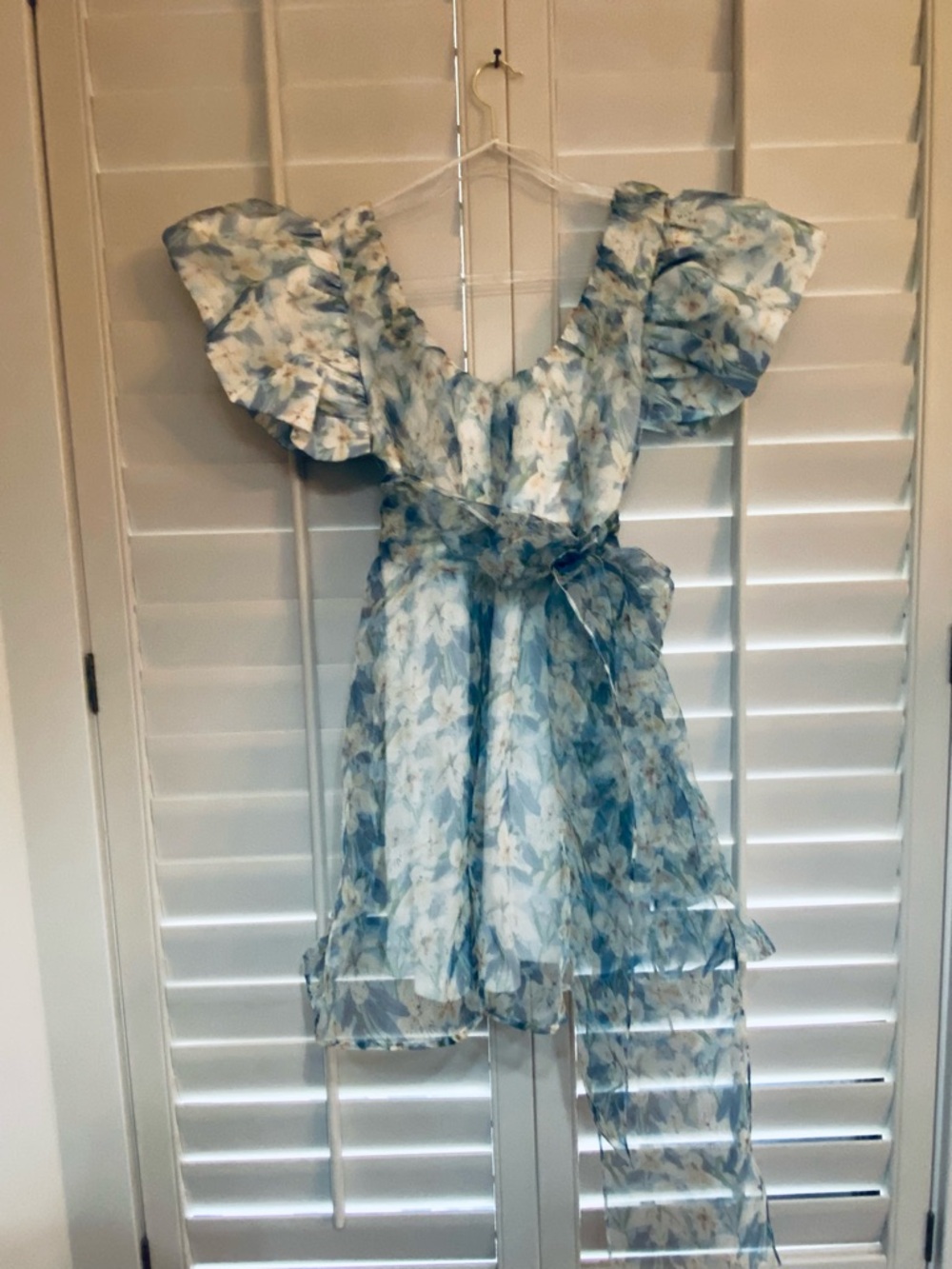 FORE Blue Floral Ruffle Mini Dress with Sash size small NEW with tags!